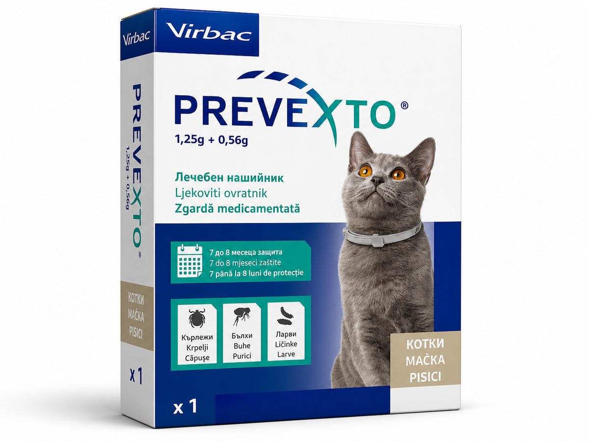 Prevexto 1,25 g + 0,56 g – zgardă antiparazitară medicamentoasă pentru pisici