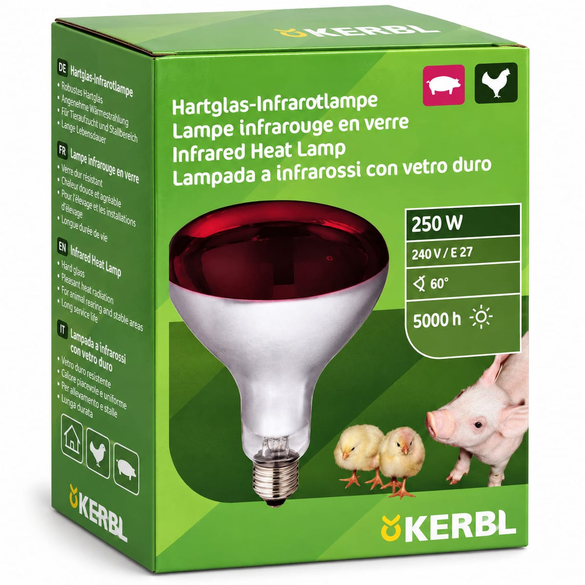 Lampă infraroșu KERBL 250 W – căldură pentru pui și purcei
