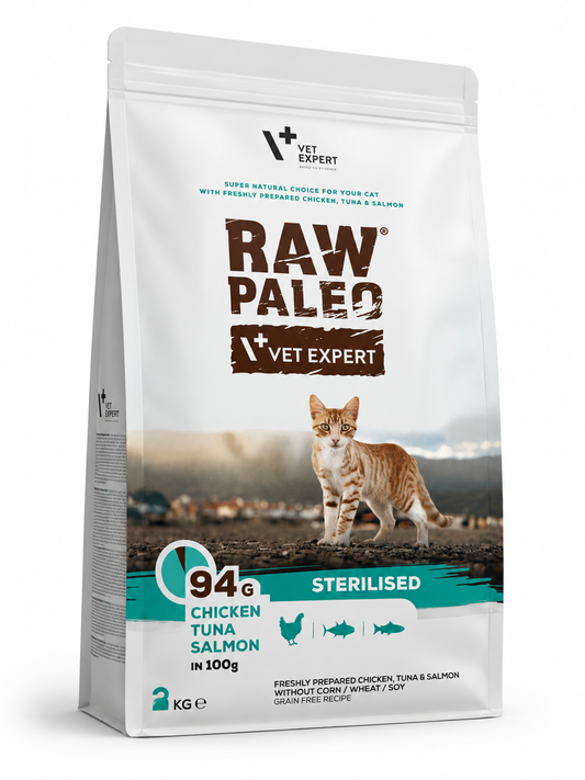 Raw Paleo Sterilised Cat Chicken, Tuna & Salmon 2 kg – Hrană uscată pentru pisici sterilizate