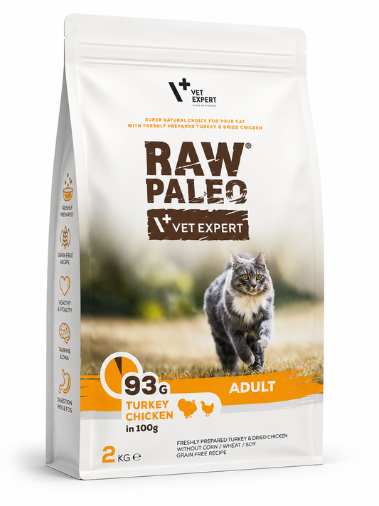 Raw Paleo Adult Turkey & Chicken 2 kg – Hrană uscată fără cereale pentru pisici adulte