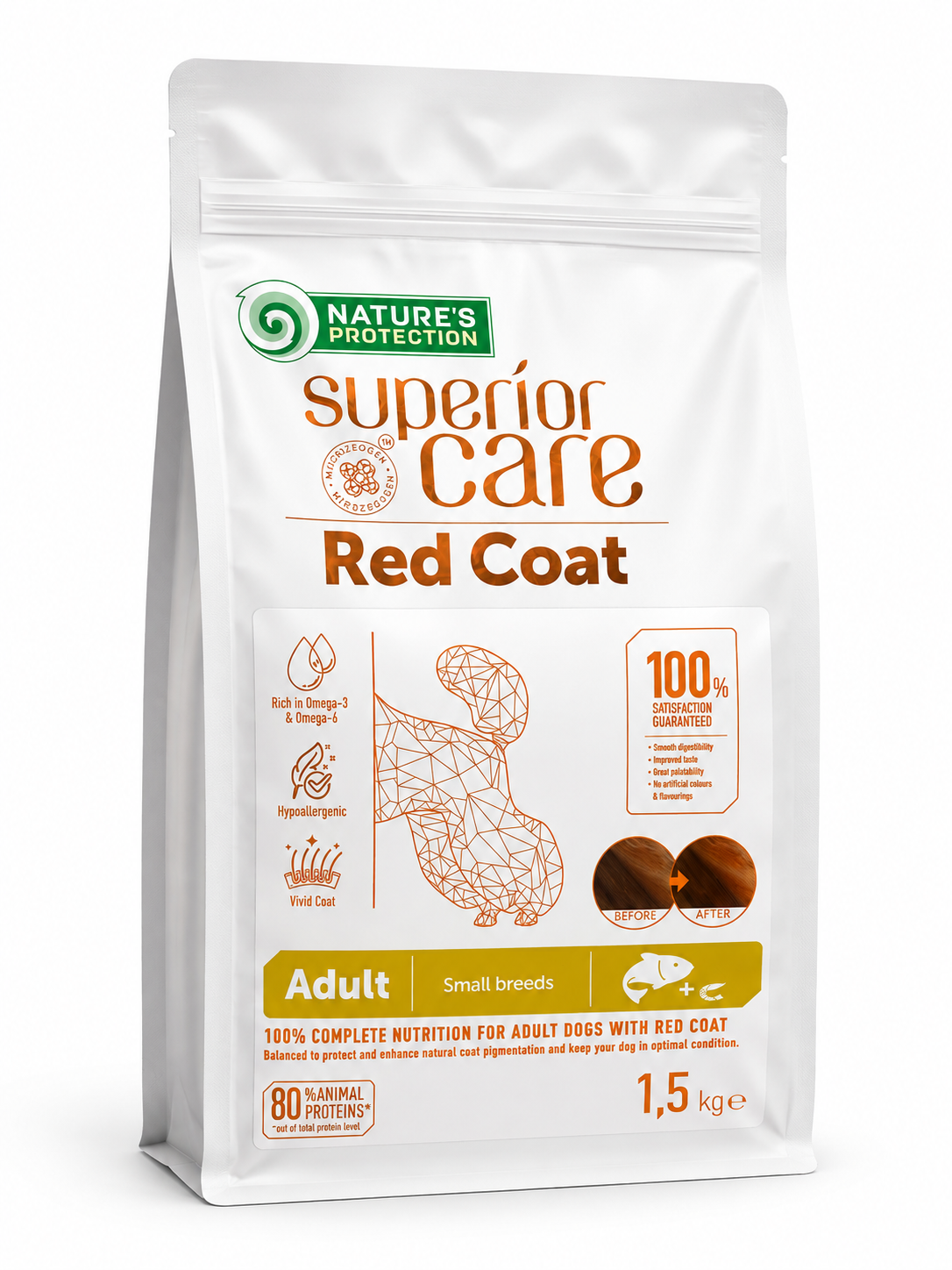 Hrană uscată Nature's Protection Red Coat pentru câini adulți de talie mică, cu somon, 1,5 kg