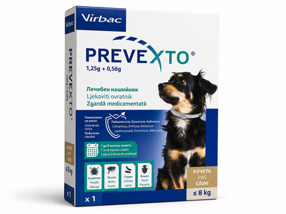 Prevexto – zgardă antiparazitară medicamentoasă pentru câini, protecție 7–8 luni