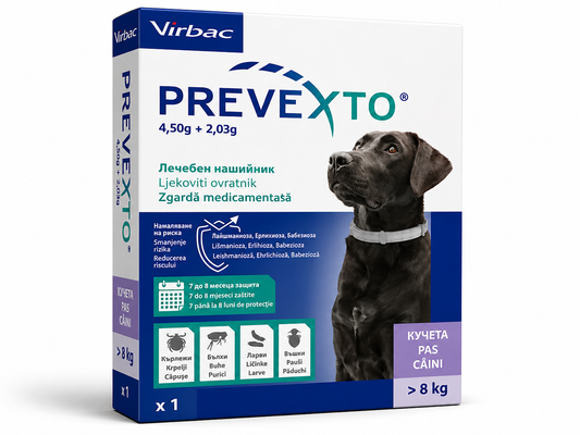 Prevexto – zgardă antiparazitară medicamentoasă pentru câini, protecție 7–8 luni