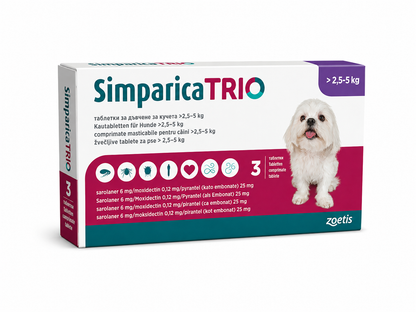 Simparica Trio – comprimate masticabile antiparazitare interne și externe pentru câini, 1 comprimat
