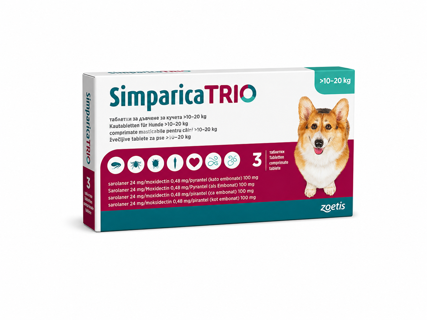 Simparica Trio – comprimate masticabile antiparazitare interne și externe pentru câini, 1 comprimat