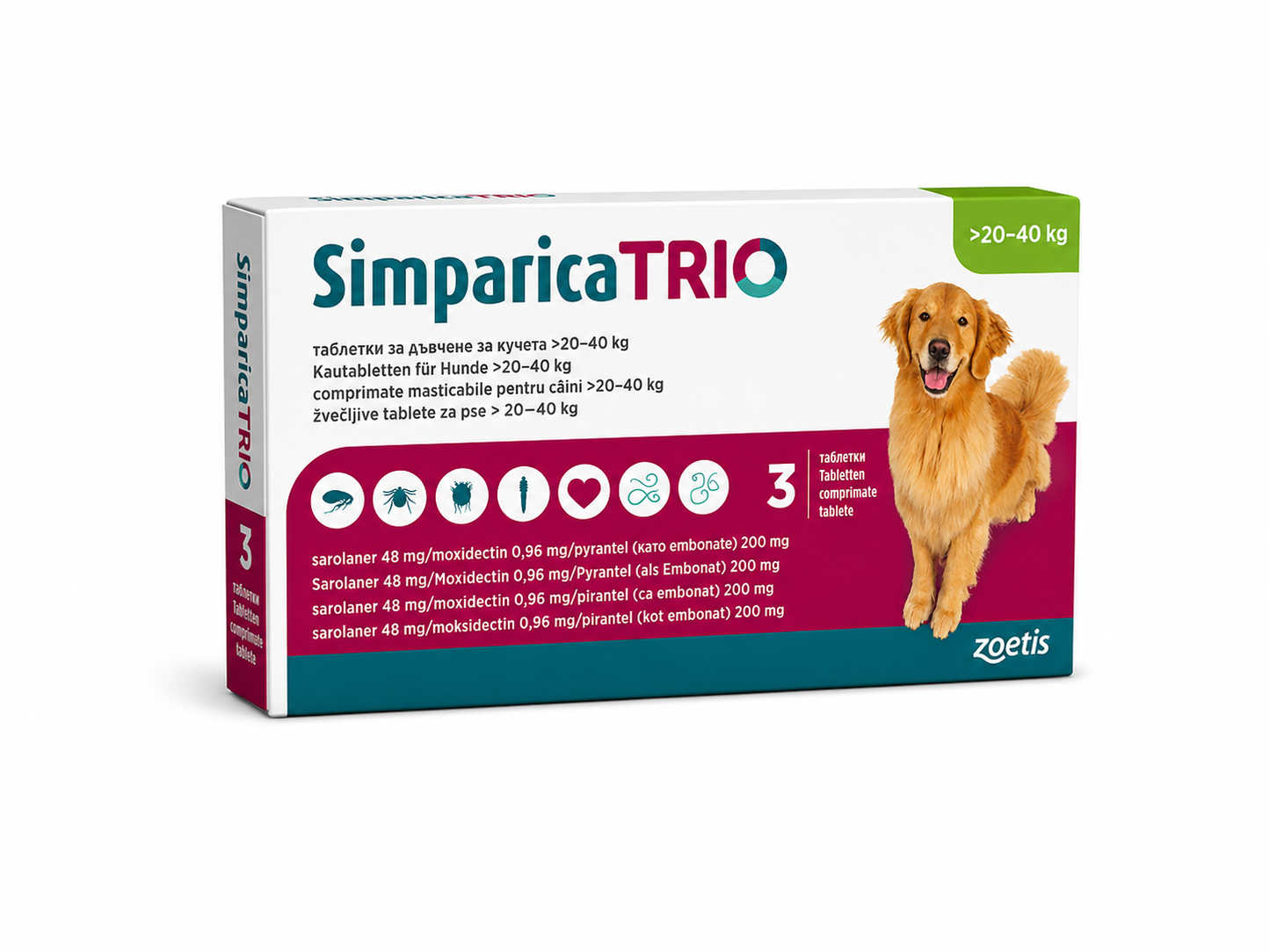 Simparica Trio – comprimate masticabile antiparazitare interne și externe pentru câini, 1 comprimat