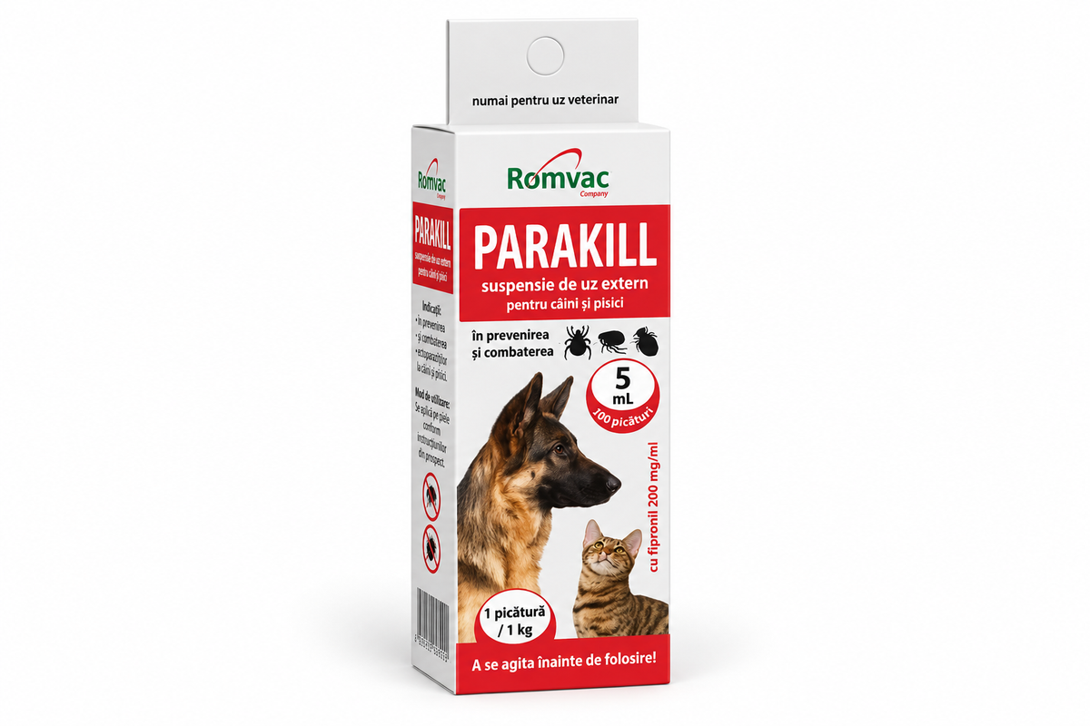Parakill Romvac – soluție antiparazitară pentru câini și pisici, 5 ml