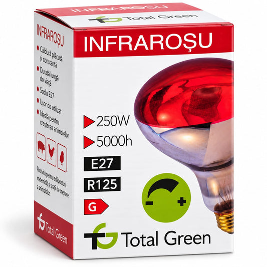 Bec infraroșu Total Green 250W E27 – căldură pentru pui, purcei și animale tinere