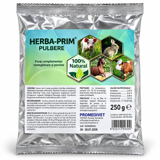 HERBA-PRIM Pulbere 250 g – suport natural pentru digestie la rumegătoare și porcine